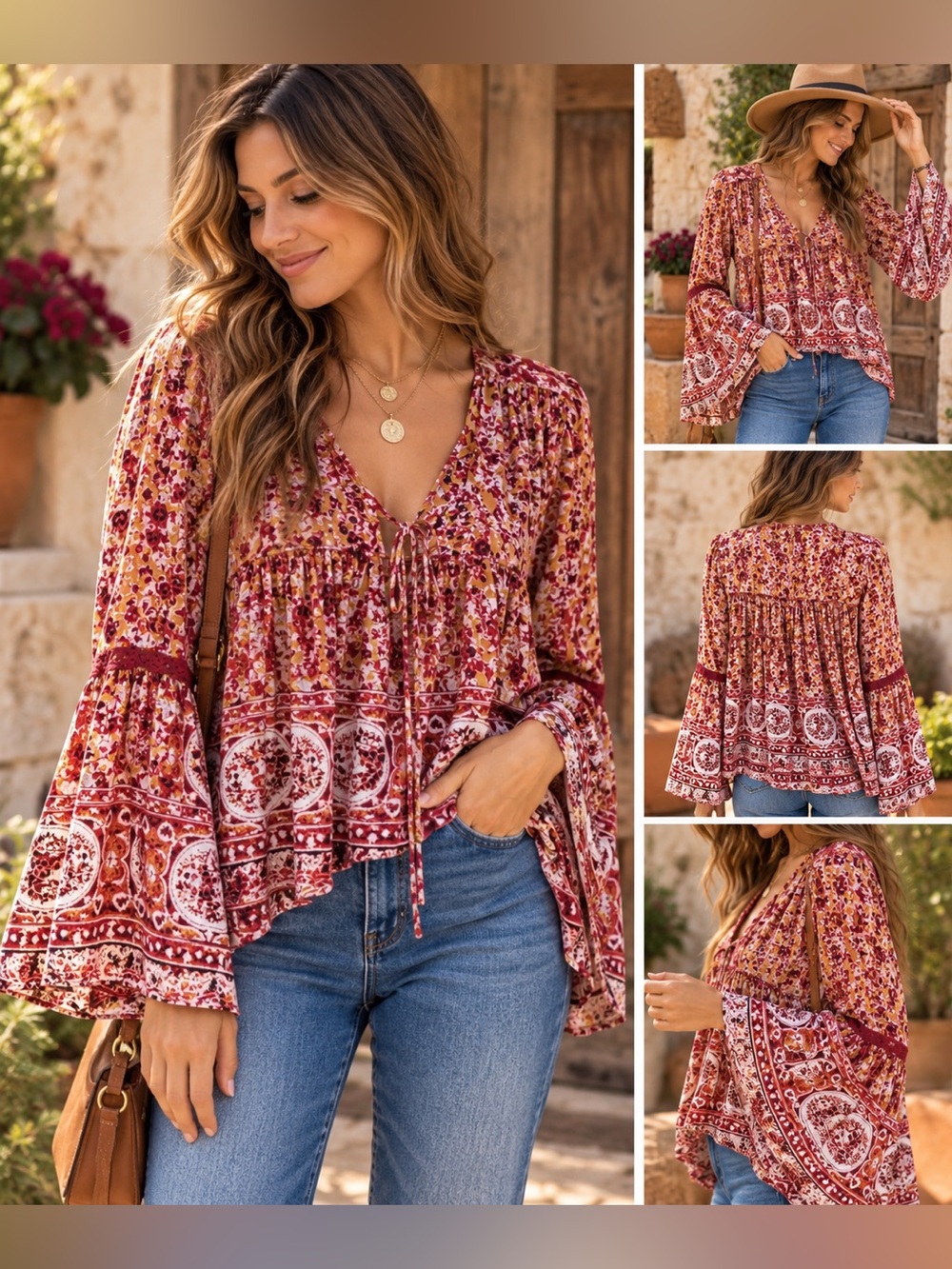 Free People XS Boho Floral Bell Sleeve Peasant Blouse Tunic Top